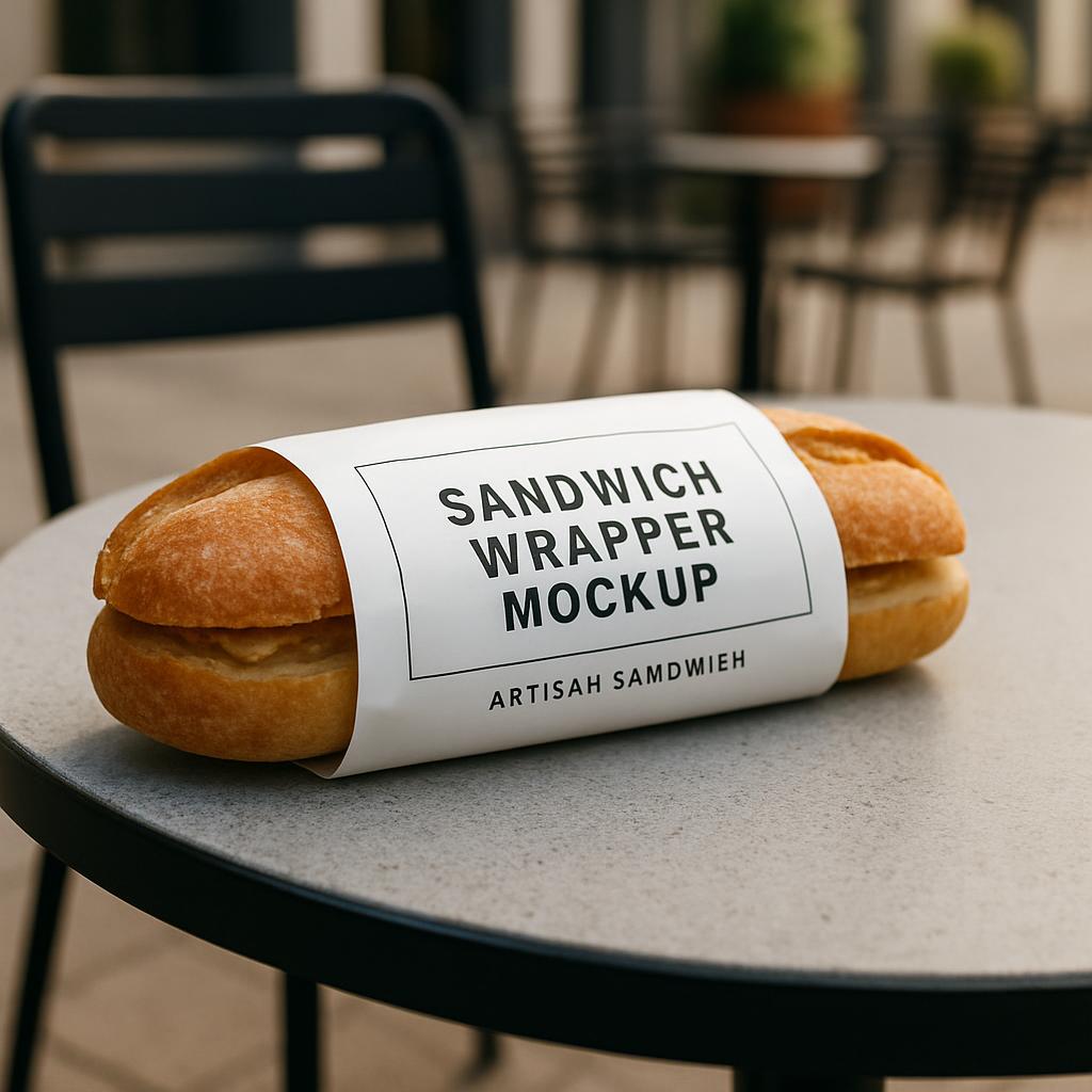 A sandwich wrapped in a white paper, placed on a round table. The text on the wrapper reads "Sandwich wrapper mockup" in l...