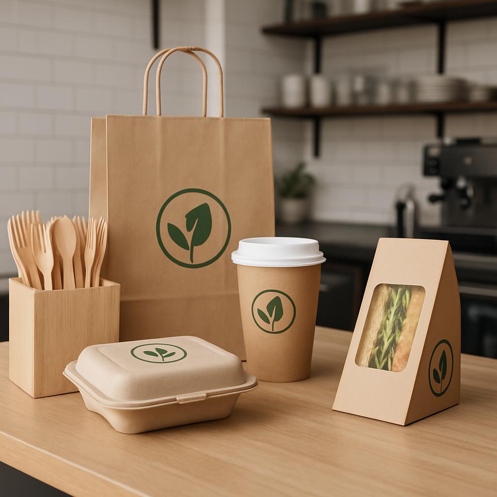 a collection of biodegradable take-out containers and utensils, with a large shopping bag and a coffee cup, on a wooden ta...