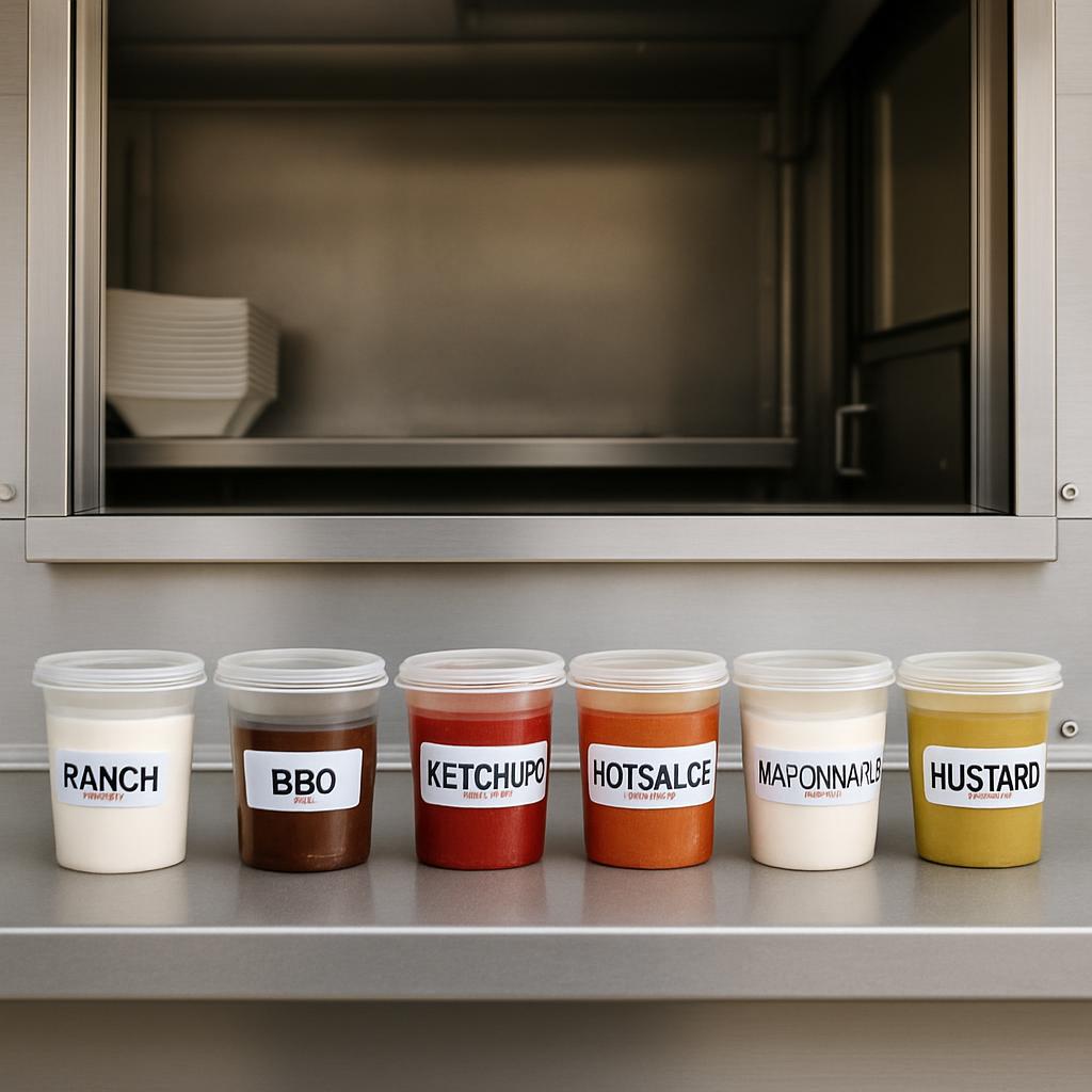 Plastic containers of various condiments sitting on a kitchen shelf.