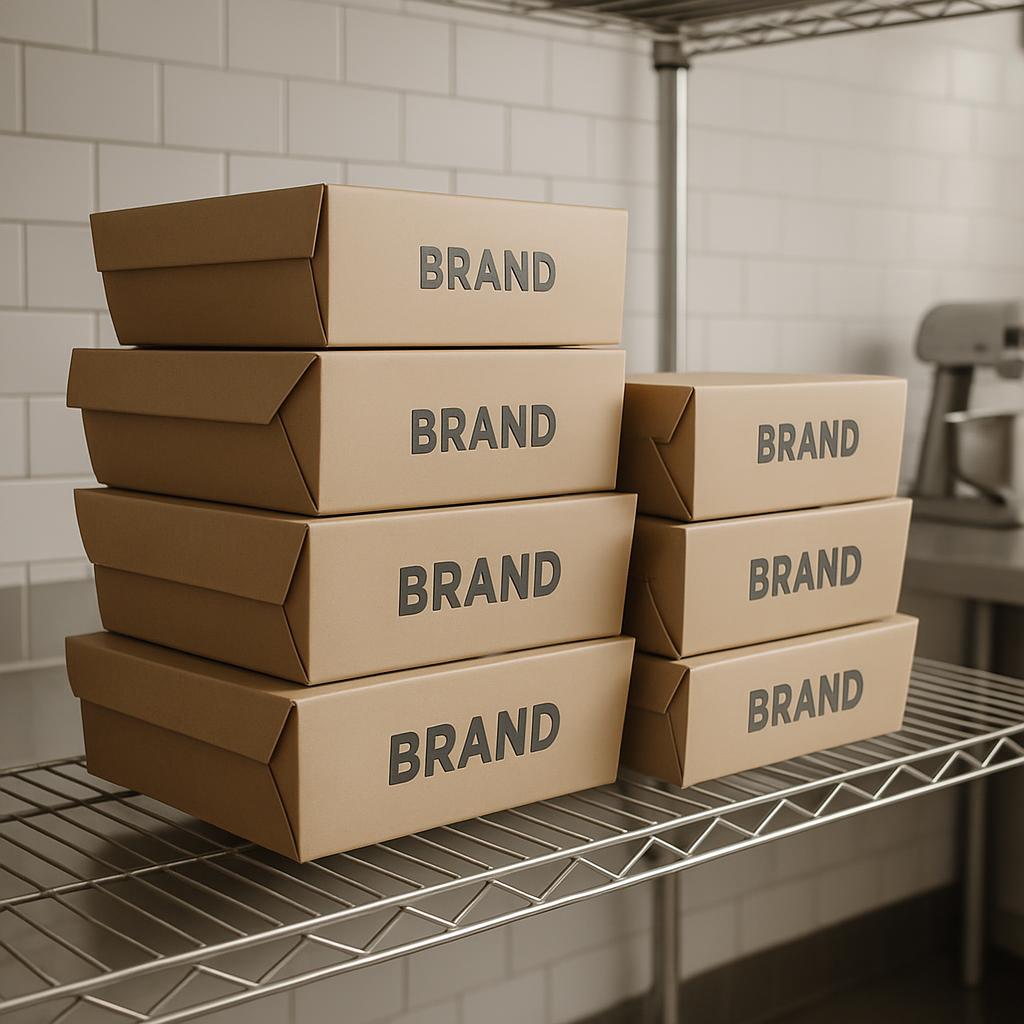 title alt text: Stacks of brown paper boxes on a shelf with the word "BRAND" printed on them, situated in a commercial kitchen.