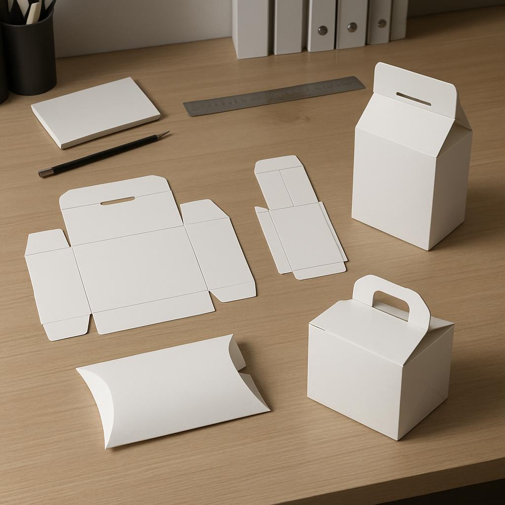 Clipart image of many white boxes on a desk, displaying a collection of sizes and shapes.