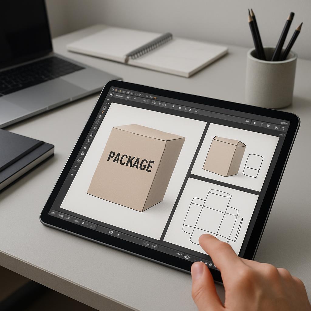 Someone's hand interacting with an iPad held horizontally, displaying a 3D modeler program showing different sizes and ang...
